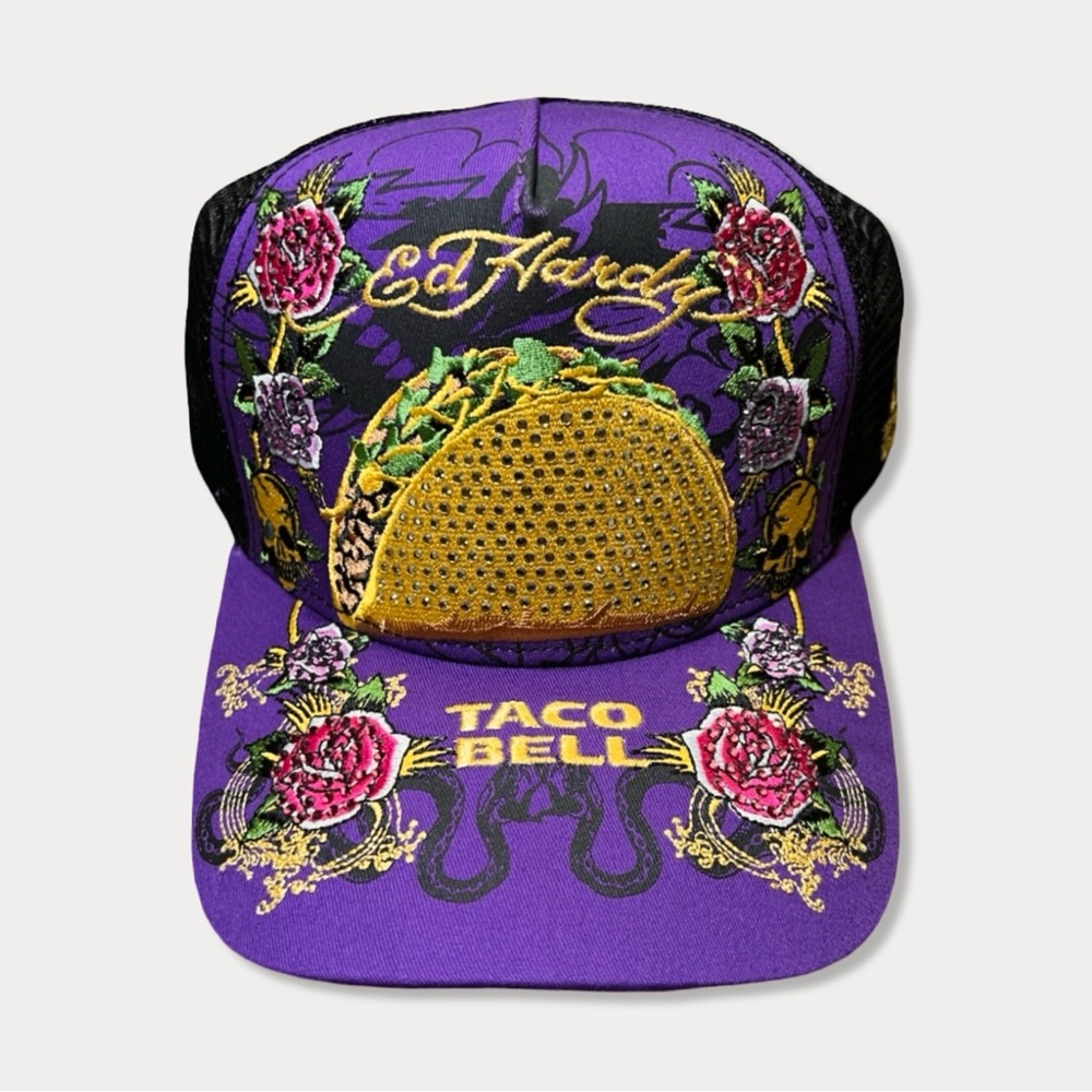 Ed Hardy Taco Bell Y2K Prpl Rhinestone Embroidered Mesh Trucker Baseball Cap Hat